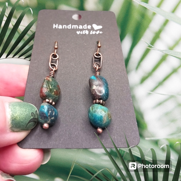 Hand Crafted Chrysocolla and Copper Earrings - Picture 6 of 6